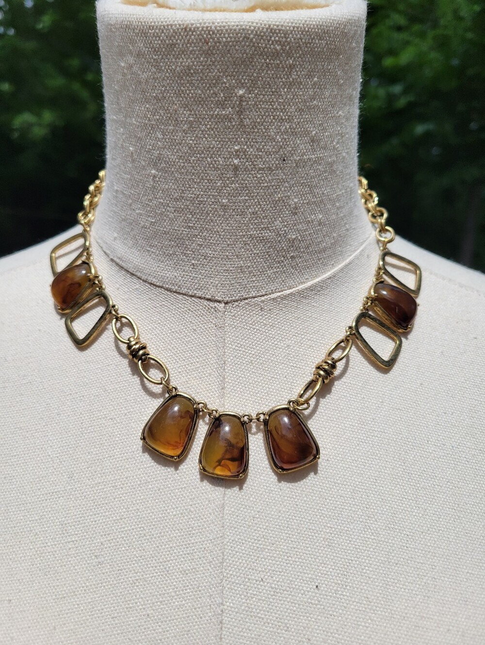 Vintage Gold-Tone Amber Glass Pendant Necklace - Women Jewelry